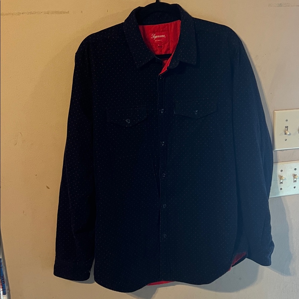 SUPREME QUILTED CORDUROY POLKA DOT SHIRT NAVY RED DOTS FW13 SIZE LARGE - Picture 12 of 12